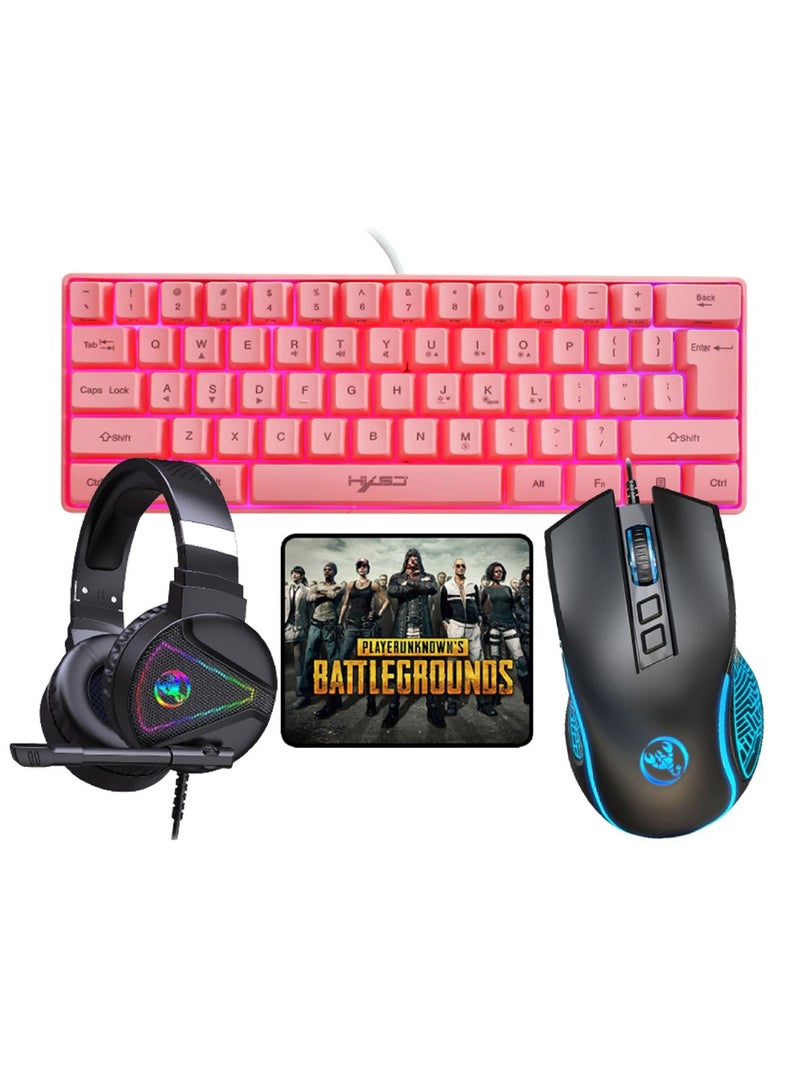 4-in-1 Gaming Keyboard Mouse Combo 61 Keys Rainbow Backlit Mechanical Keyboard. RGB Backlit 3600 DPI Lightweight Gaming Mouse 3.5mm Gaming Stereo Headset For Pc Laptop Computer Pink