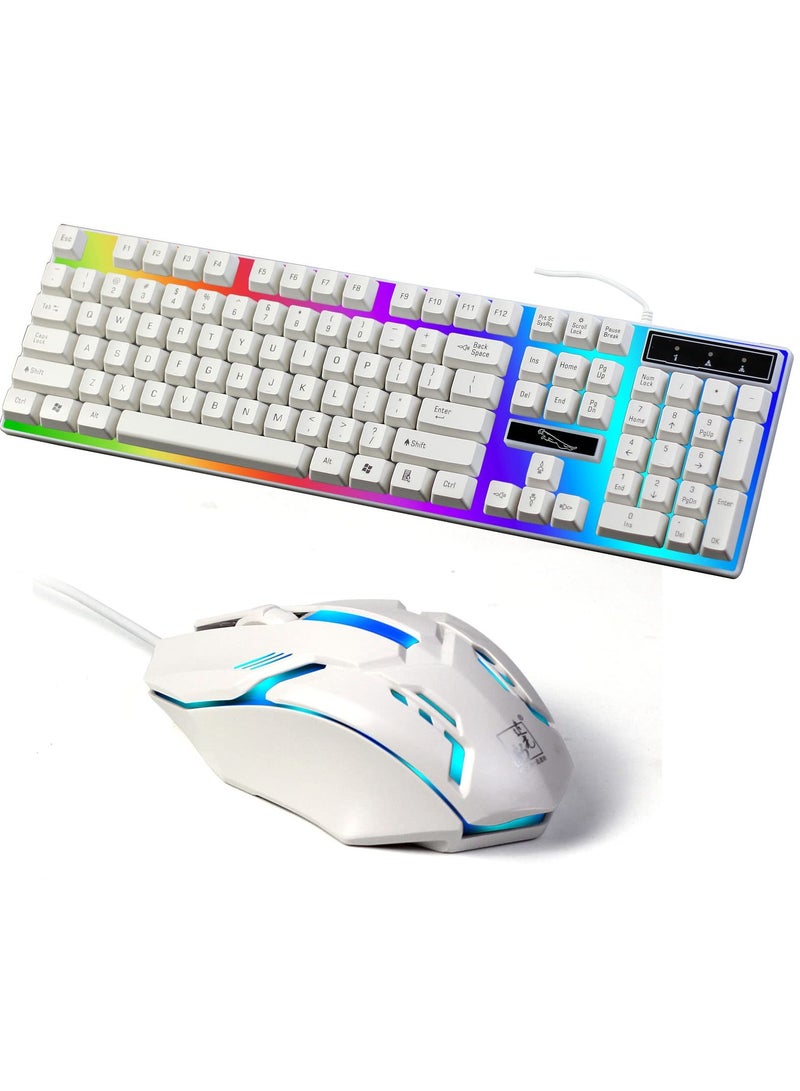 G21 Computer Gaming Keyboard and Mouse Combo :Keyboard with Flexible Polychromatic LED Lights Mechanical Feel Wired USB Working Keyboard Mouse Set for Windows Computer(White)