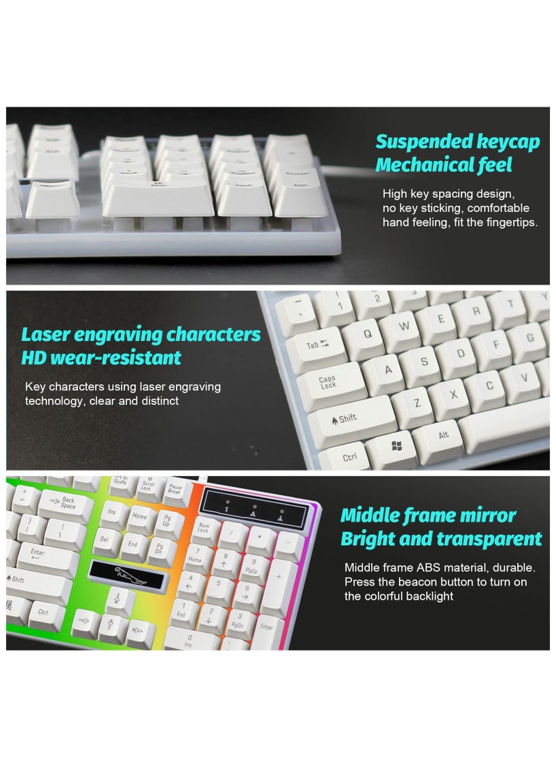 G21 Computer Gaming Keyboard and Mouse Combo :Keyboard with Flexible Polychromatic LED Lights Mechanical Feel Wired USB Working Keyboard Mouse Set for Windows Computer(White)