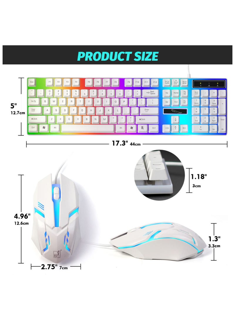 G21 Computer Gaming Keyboard and Mouse Combo :Keyboard with Flexible Polychromatic LED Lights Mechanical Feel Wired USB Working Keyboard Mouse Set for Windows Computer(White)