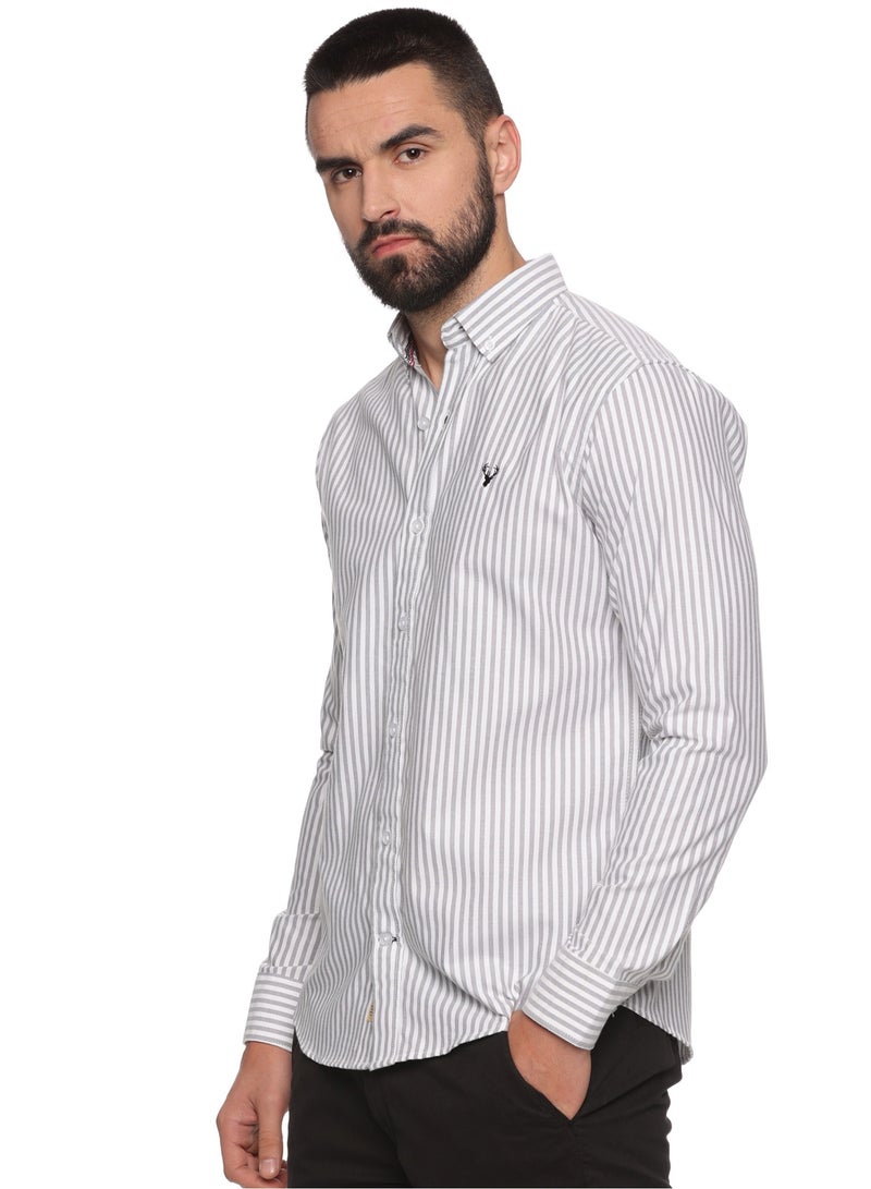 Men's Button Down Slim Fit, Casual Style semi Shirt Dressing | Long Sleeve | Smart Fit Cuff -White Grey