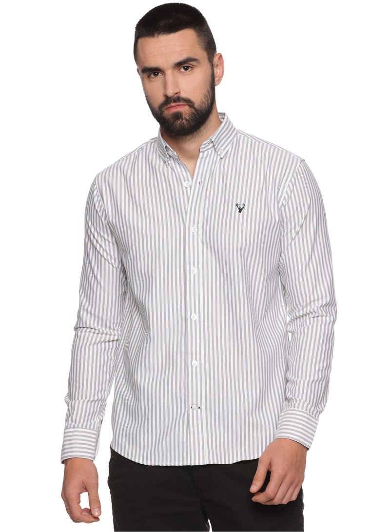 Men's Button Down Slim Fit, Casual Style semi Shirt Dressing | Long Sleeve | Smart Fit Cuff -White Grey