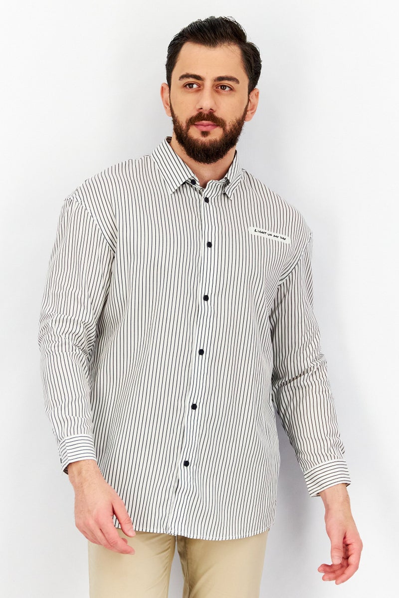 Men Oversized Fit Stripe Long Sleeves Casual Shirt, White Combo