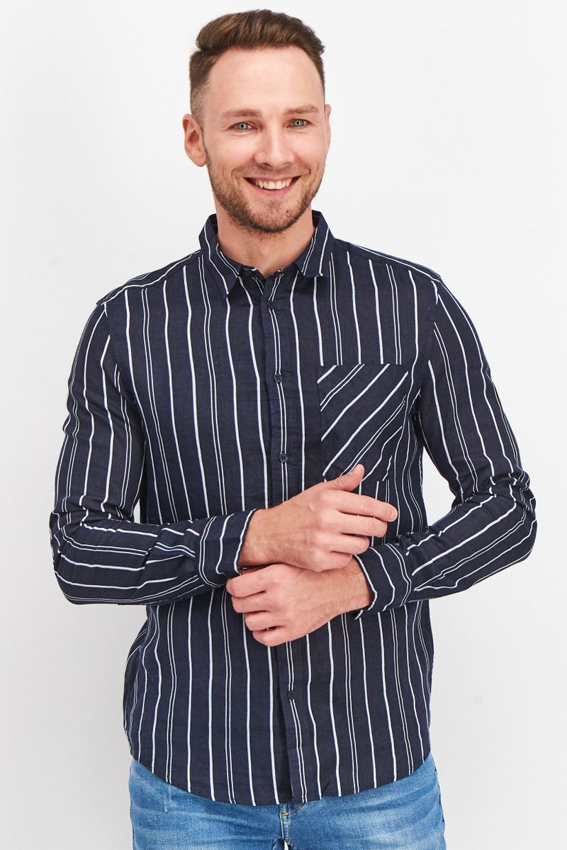 Men Regular Fit Stripe Long Sleeves Casual Shirt, Navy/White