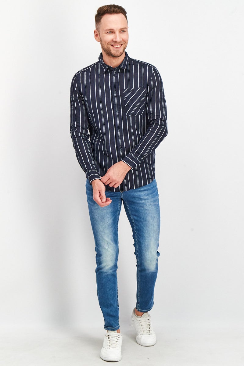 Men Regular Fit Stripe Long Sleeves Casual Shirt, Navy/White