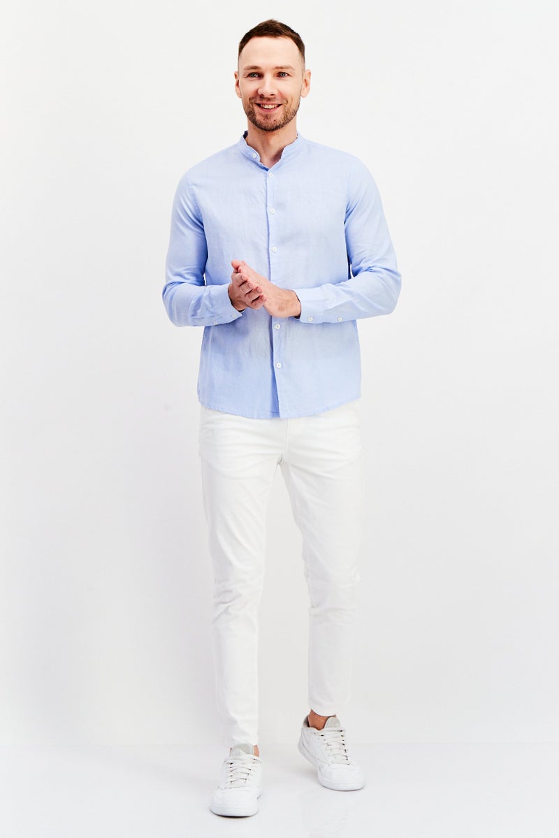 Men Band Collar long Sleeves Plain Casual Shirts, Light Blue