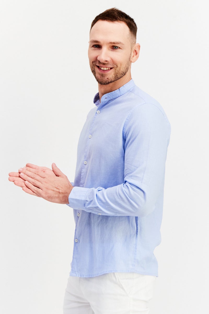 Men Band Collar long Sleeves Plain Casual Shirts, Light Blue