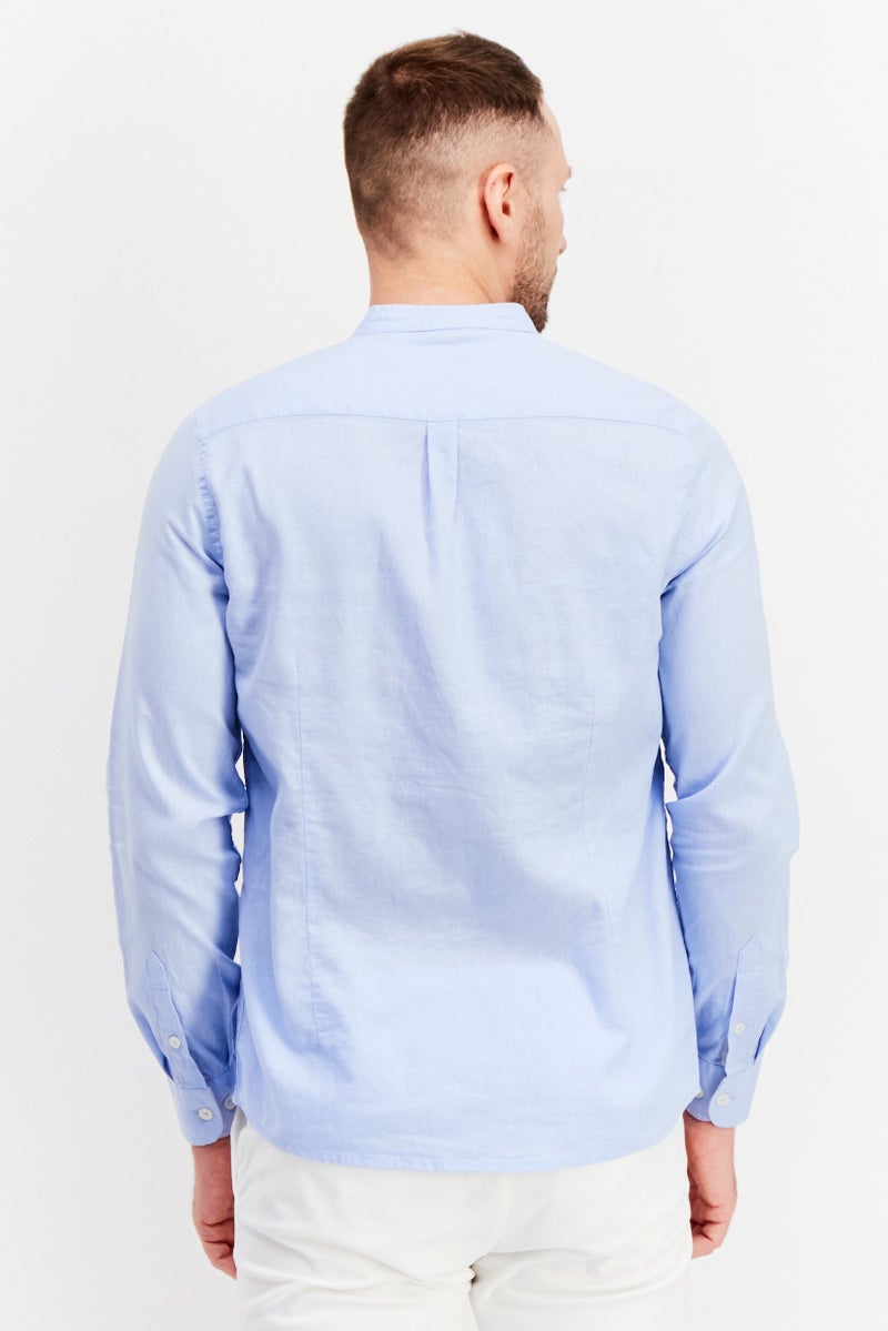 Men Band Collar long Sleeves Plain Casual Shirts, Light Blue
