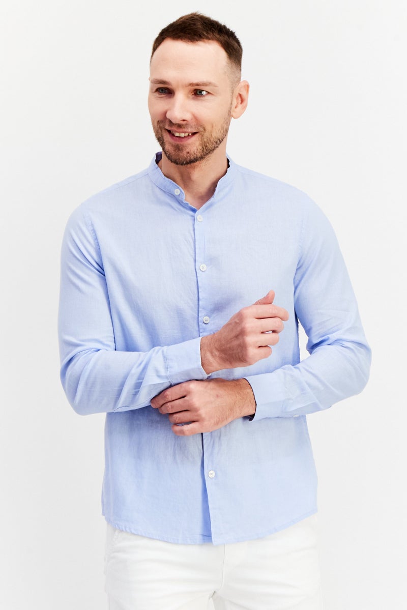 Men Band Collar long Sleeves Plain Casual Shirts, Light Blue