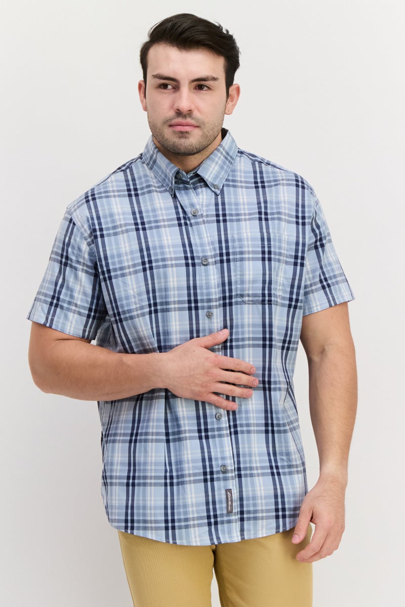 Men Regular Fit Checkered Short Sleeve Casual Shirts, Light Blue Combo
