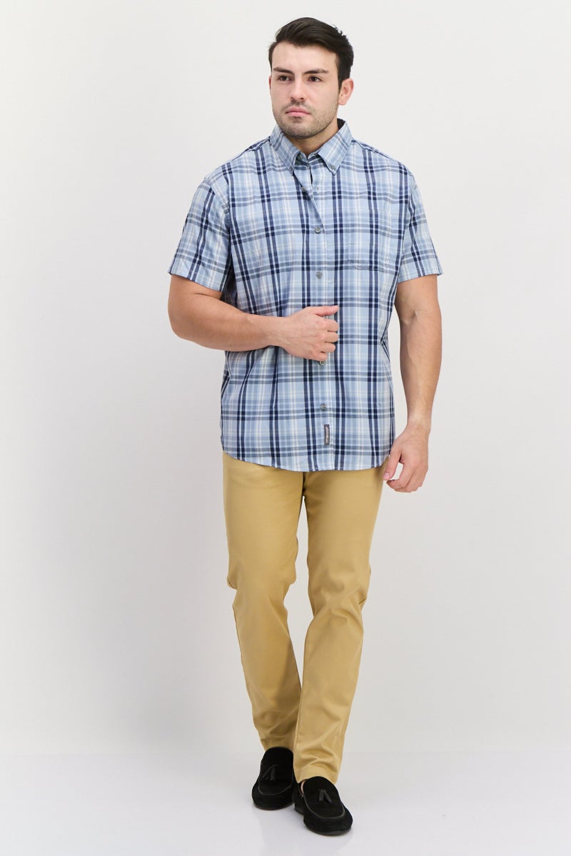Men Regular Fit Checkered Short Sleeve Casual Shirts, Light Blue Combo