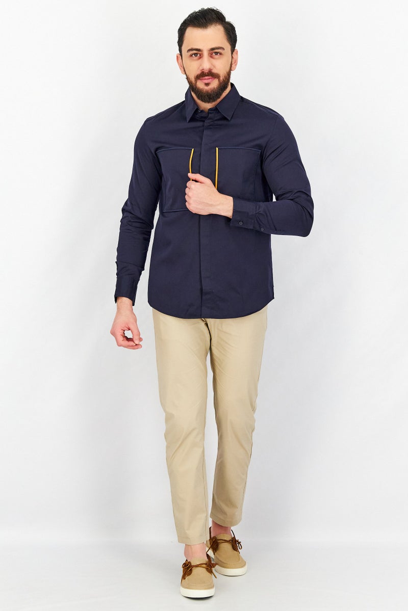 Men Boxy Fit Embroidered Long Sleeves Casual Shirt, Navy