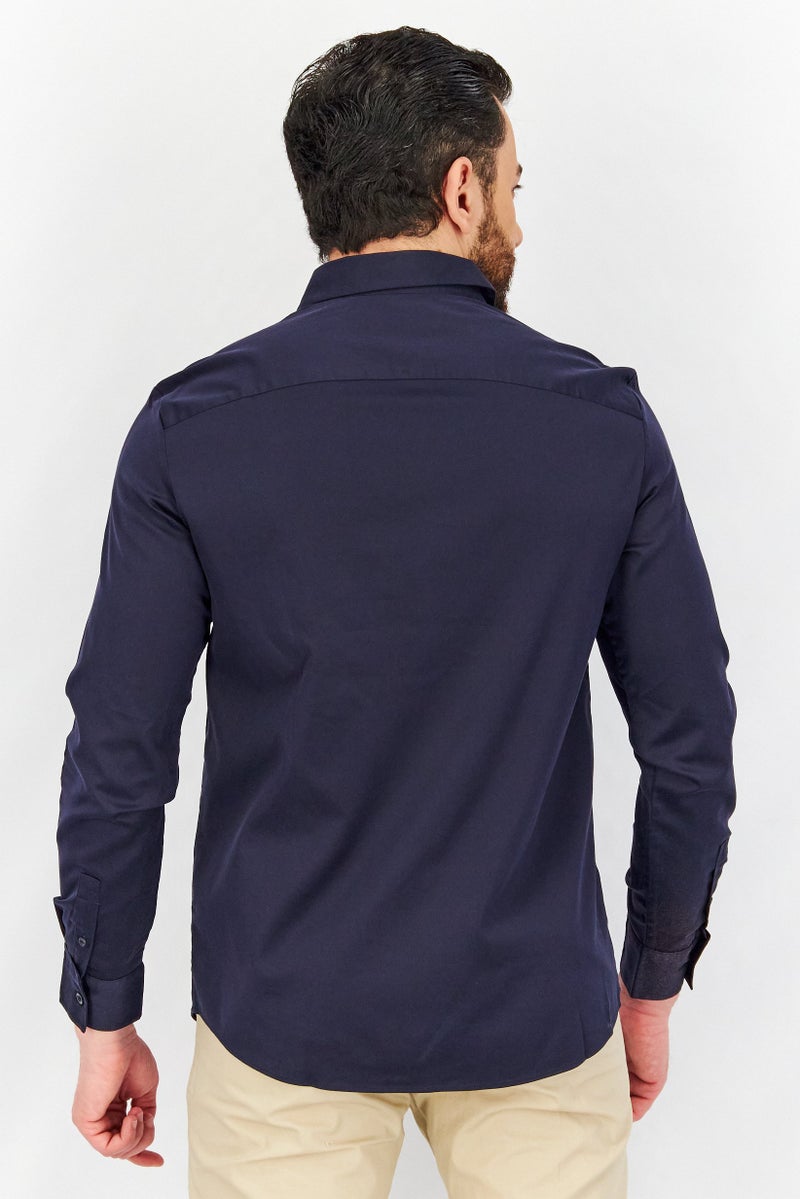 Men Boxy Fit Embroidered Long Sleeves Casual Shirt, Navy