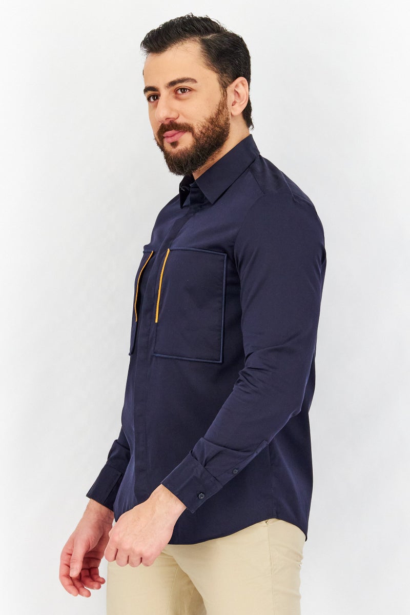 Men Boxy Fit Embroidered Long Sleeves Casual Shirt, Navy