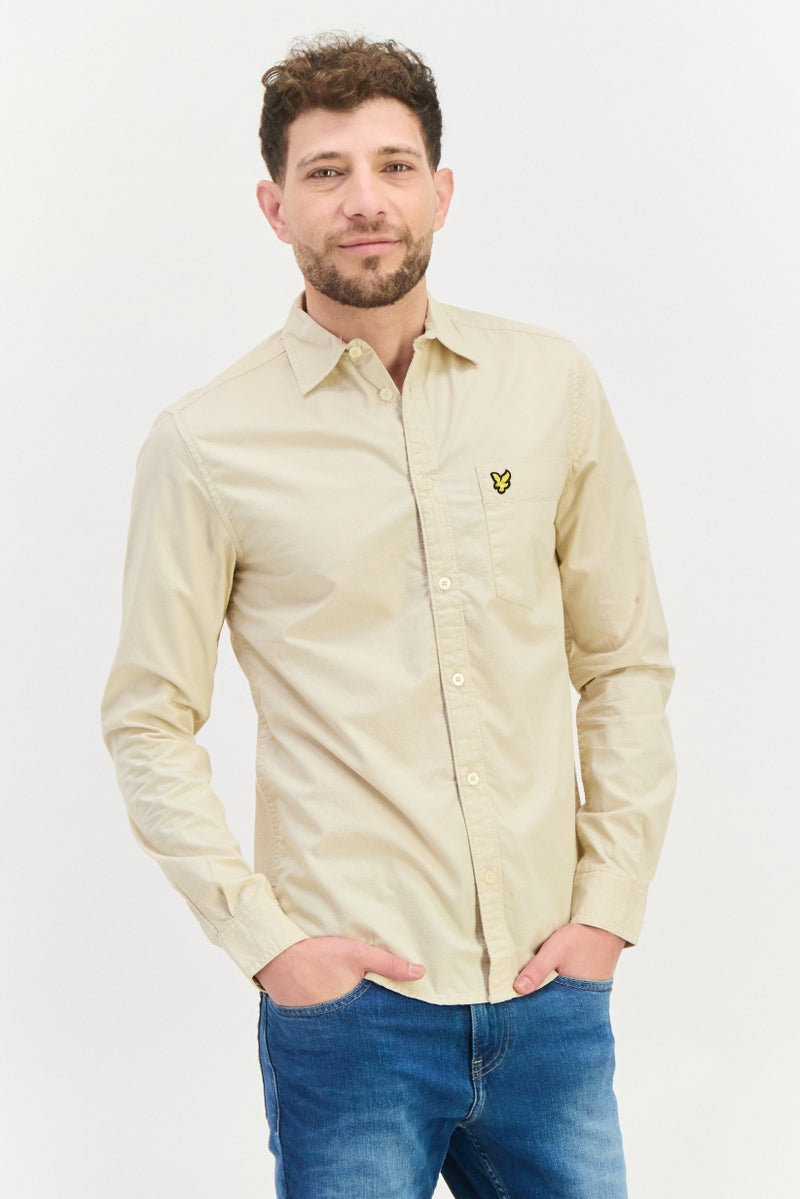 Men Regular Fit Embroidered Logo Long Sleeves Casual Shirt, Beige