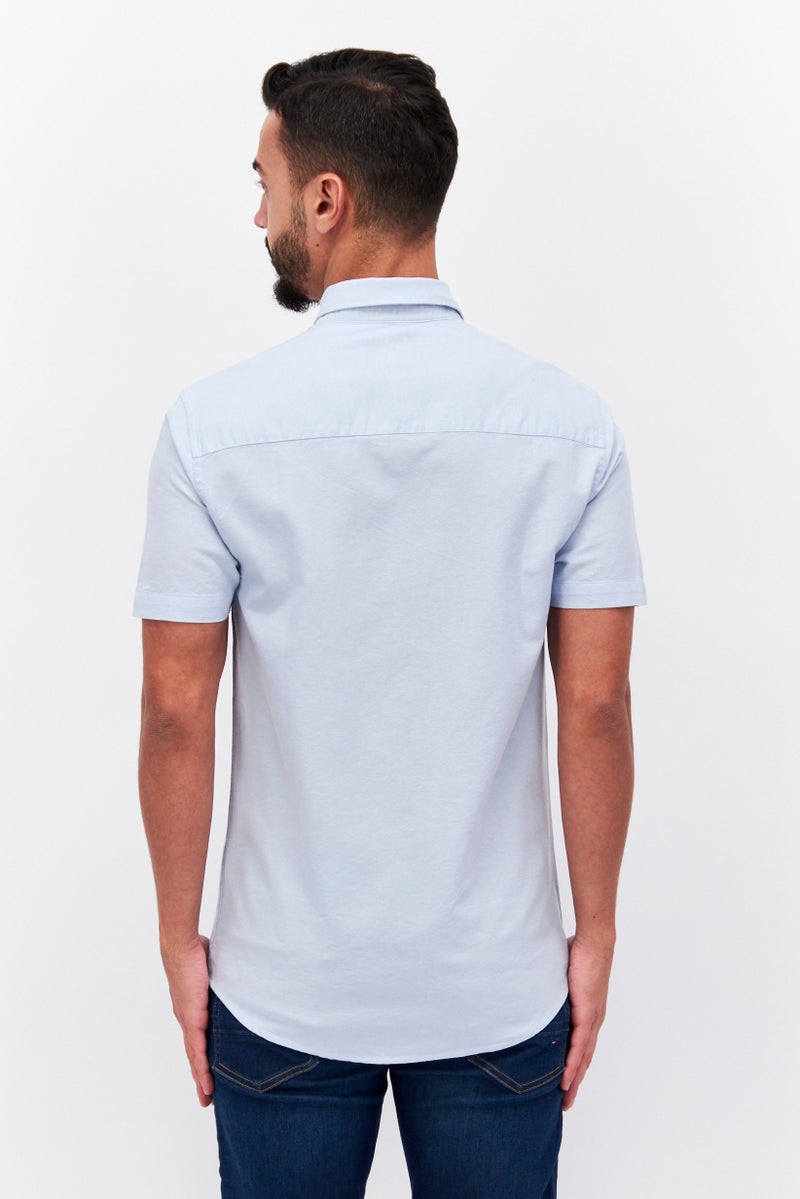 Men Spread Collar Short Sleeves Embroidered Casual Shirts, Sky Blue