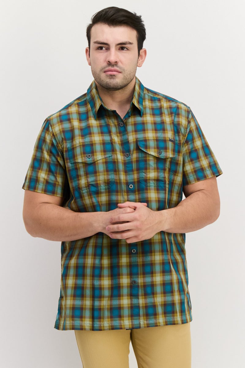 Men Regular Fit Short Sleeve Checkered Casual Shirt, Teal Blue Combo