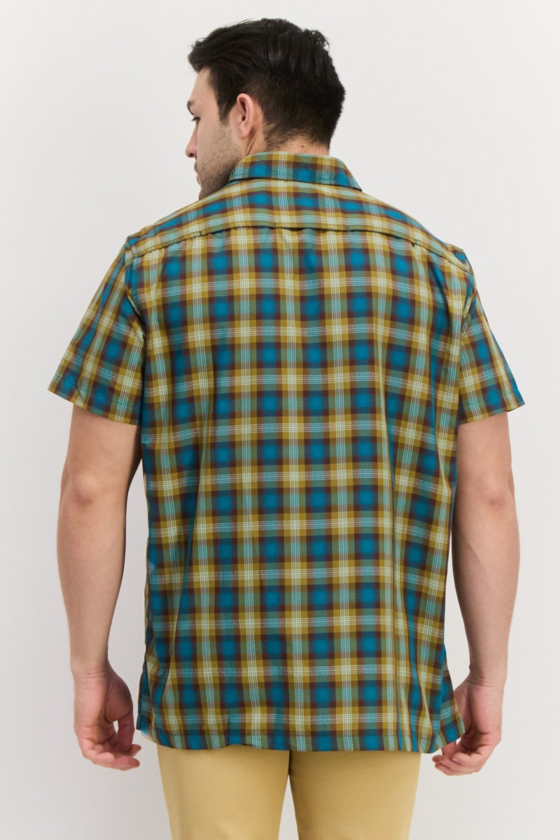 Men Regular Fit Short Sleeve Checkered Casual Shirt, Teal Blue Combo