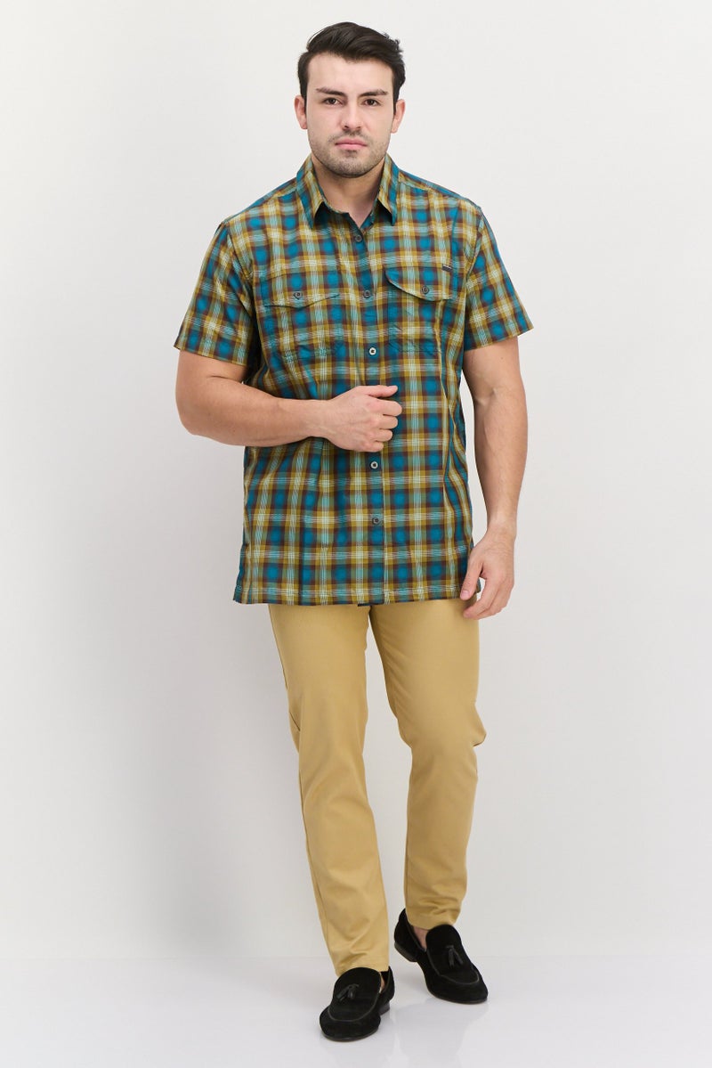 Men Regular Fit Short Sleeve Checkered Casual Shirt, Teal Blue Combo