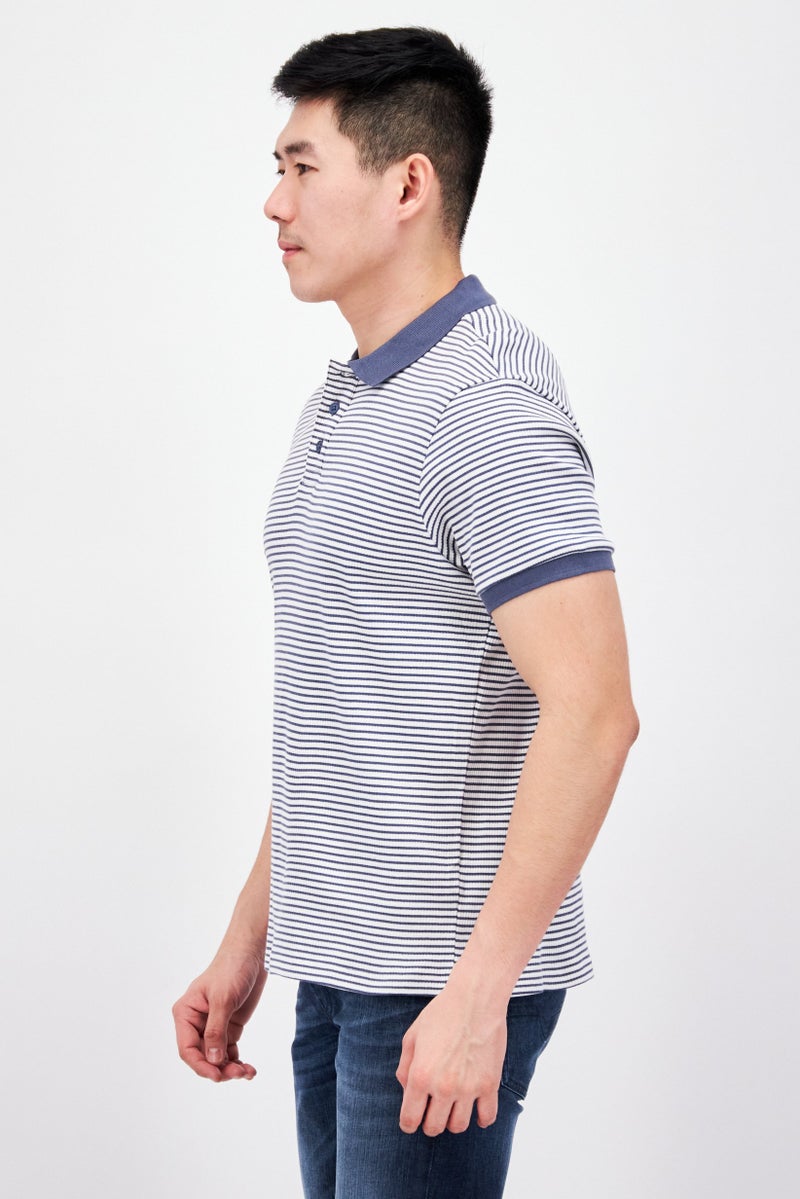 Men Regular Fit Stripe Short Sleeve Polo Shirt, Blue