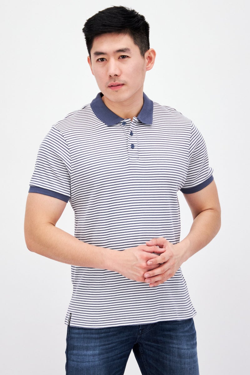 Men Regular Fit Stripe Short Sleeve Polo Shirt, Blue