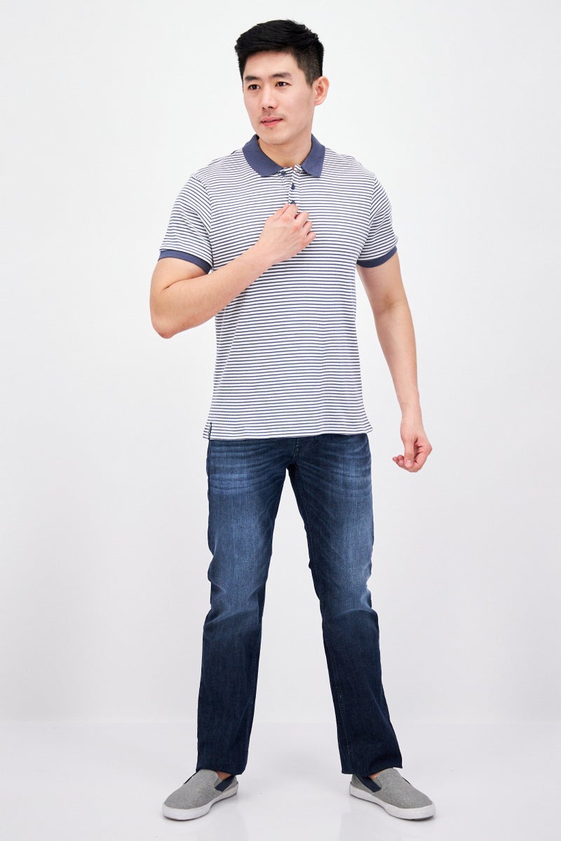 Men Regular Fit Stripe Short Sleeve Polo Shirt, Blue
