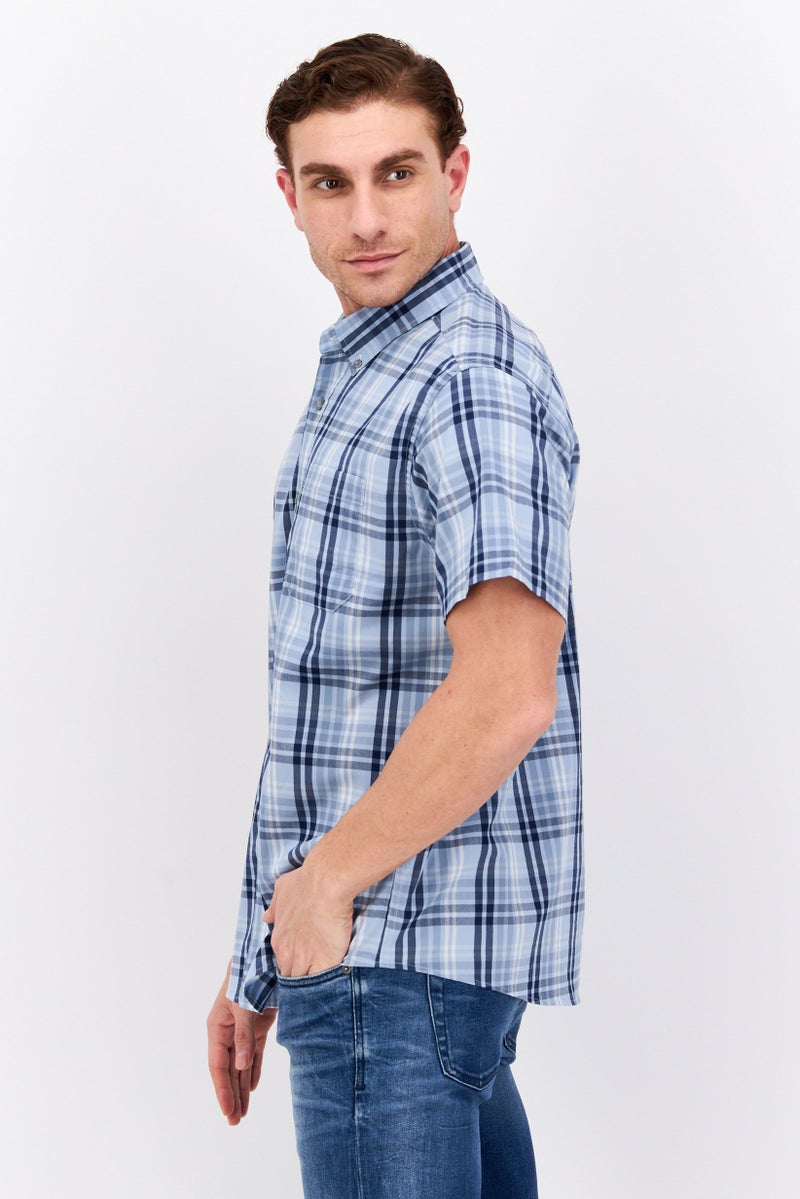 Men Regular Fit Micro Checkered Print Short Sleeve Casual Shirt, Blue