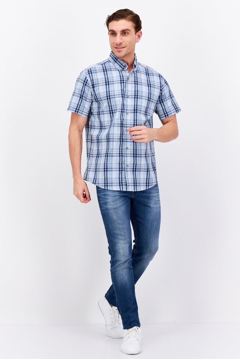Men Regular Fit Micro Checkered Print Short Sleeve Casual Shirt, Blue