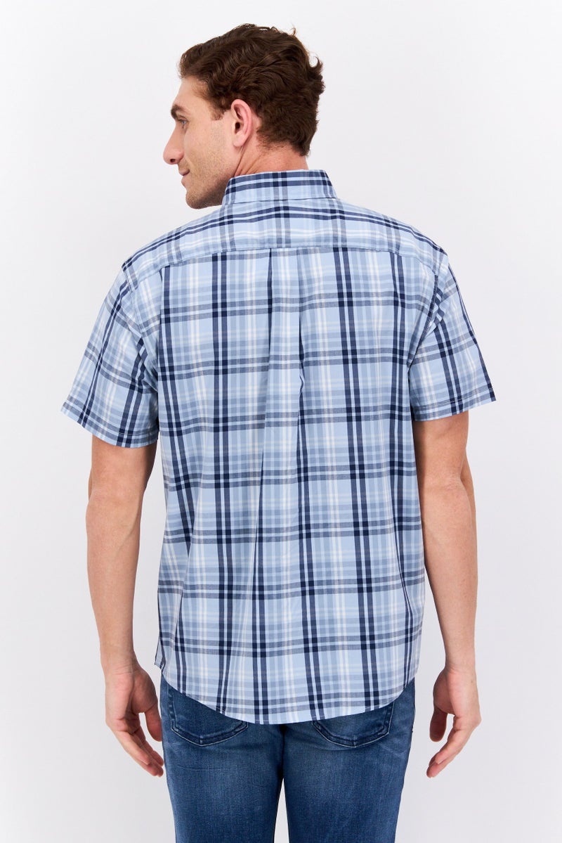 Men Regular Fit Micro Checkered Print Short Sleeve Casual Shirt, Blue