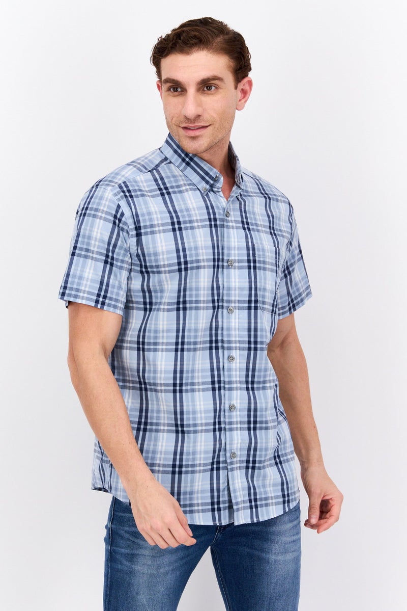 Men Regular Fit Micro Checkered Print Short Sleeve Casual Shirt, Blue