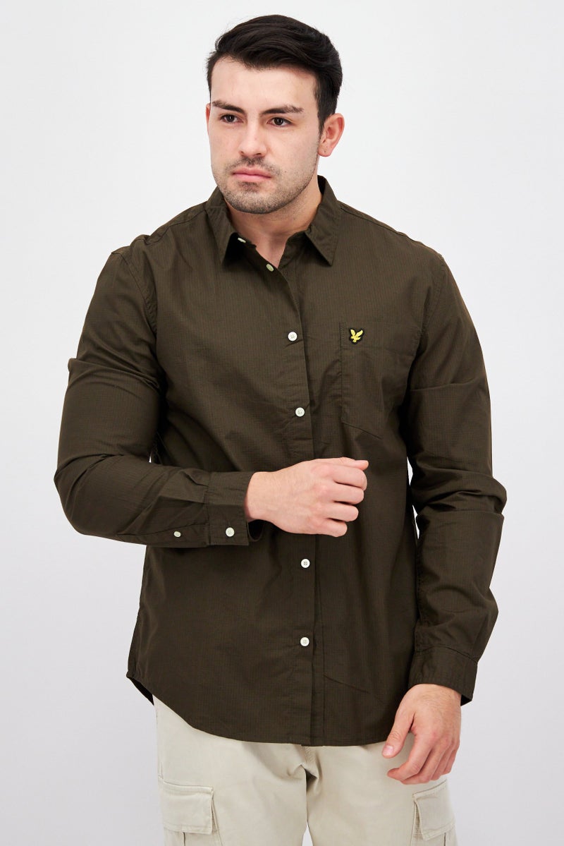 Men Regular Fit Embroidered Logo Long Sleeves Casual Shirt, Olive