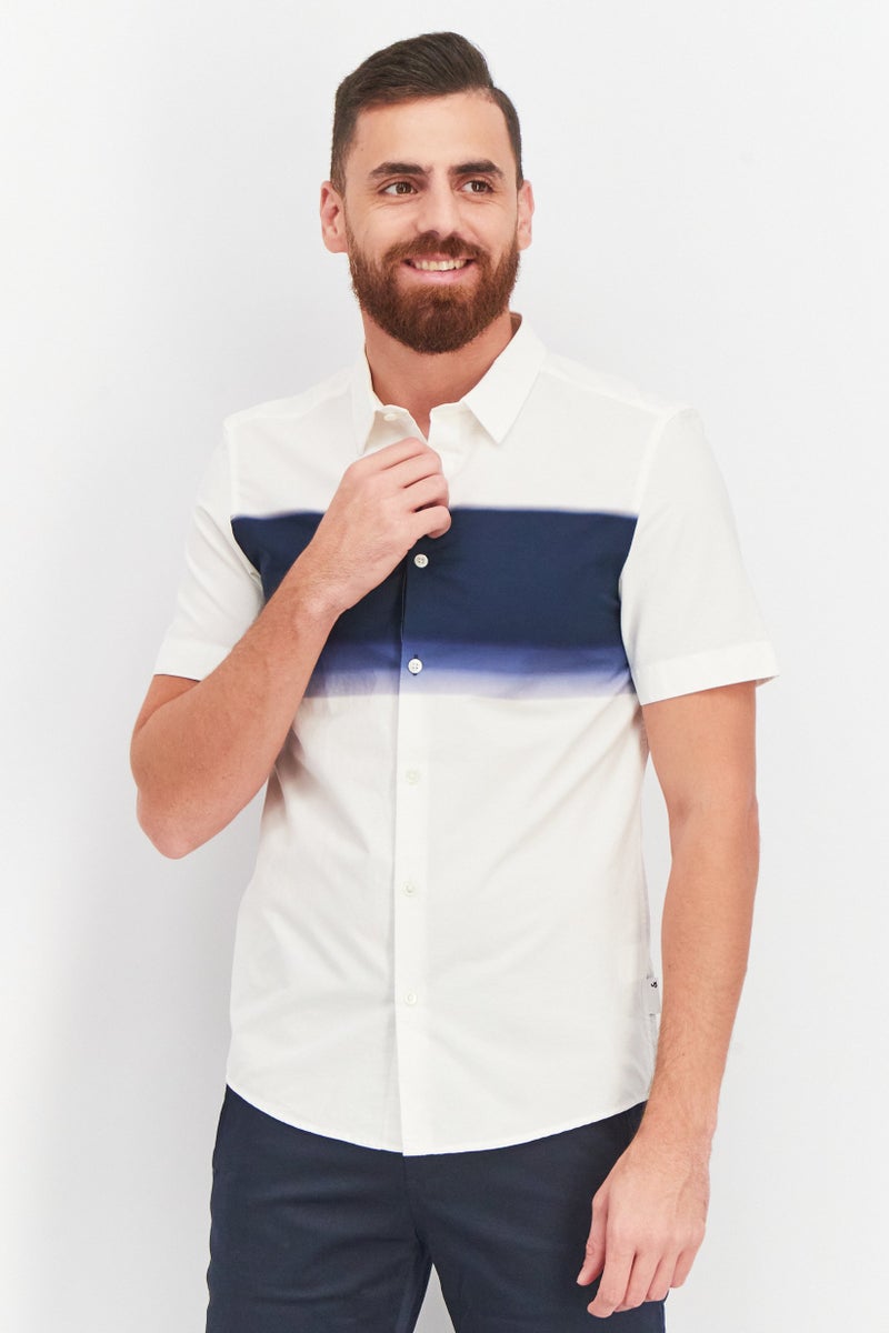 Men Slim Fit Gradient Short Sleeve Casual Shirts, White/Navy