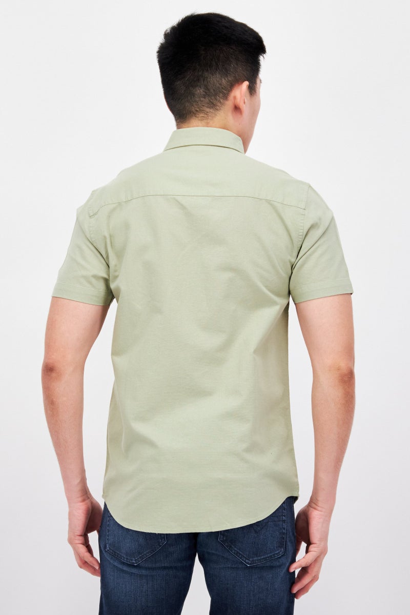 Men Slim Fit Solid Short Sleeves Casual Shirt, Sage Green