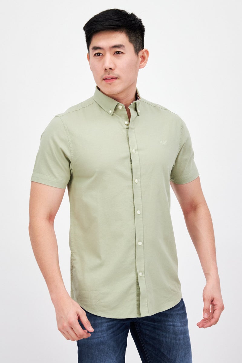 Men Slim Fit Solid Short Sleeves Casual Shirt, Sage Green