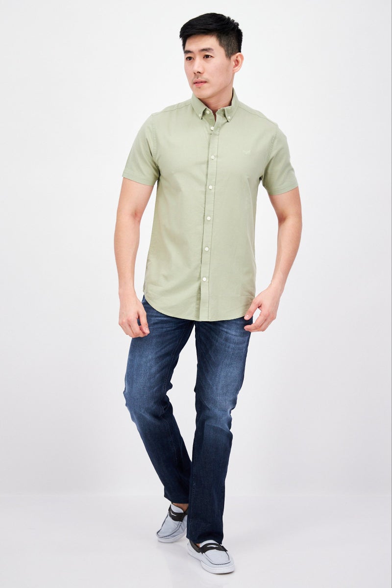 Men Slim Fit Solid Short Sleeves Casual Shirt, Sage Green