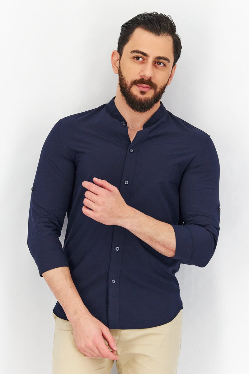 Men Slim Fit Textured 3/4 Sleeves Casual Shirt, Navy