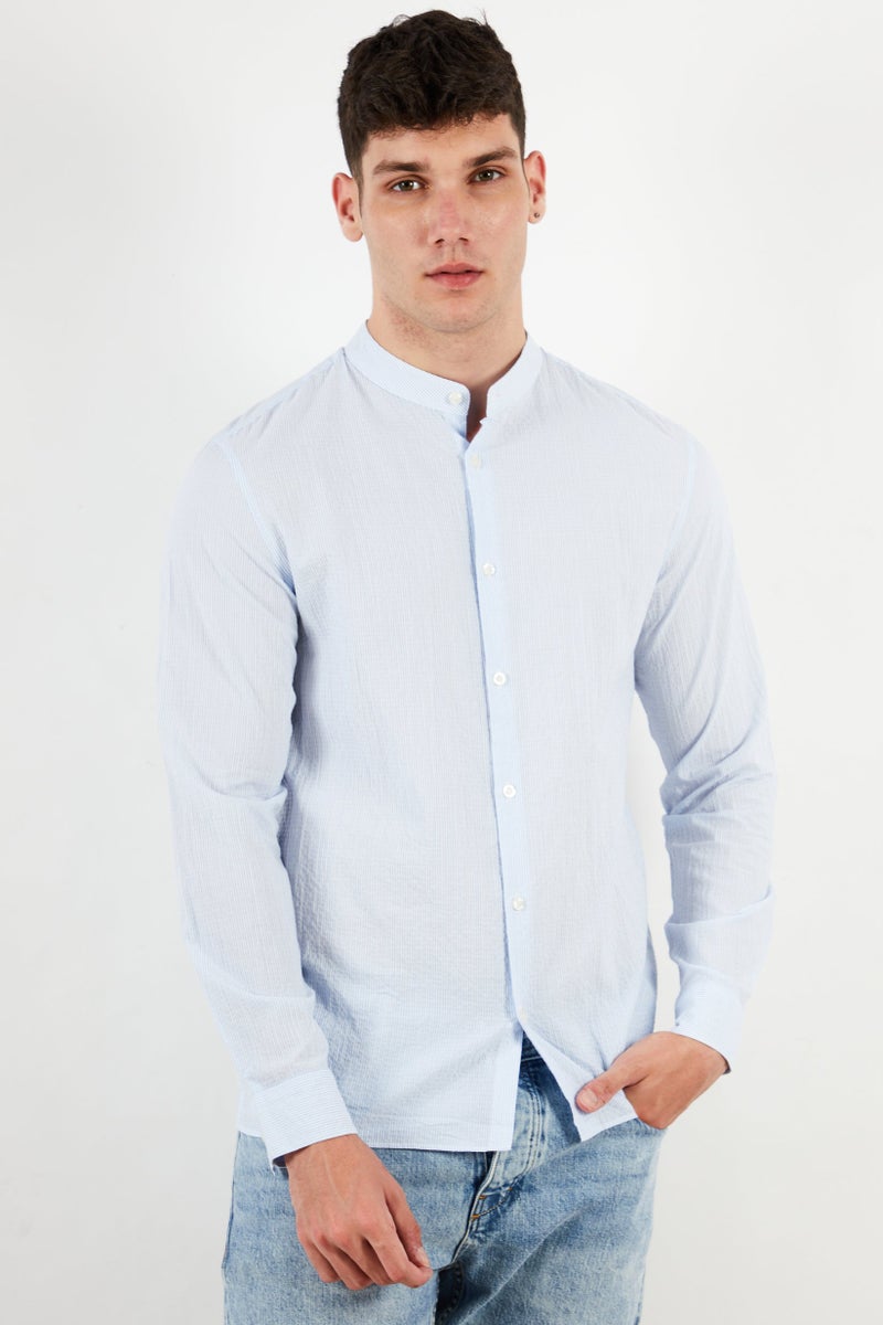 Men Slim Fit Stripe Long Sleeves Casual Shirt, White/Blue