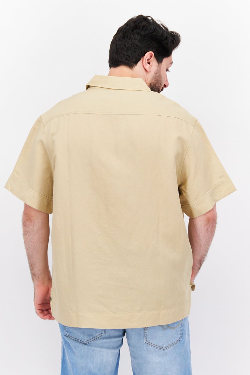 Men Pointed Collar Short Sleeve Plain Casual Shirt, Beige