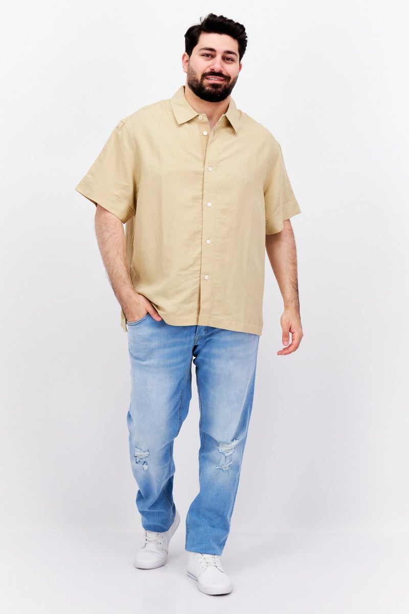 Men Pointed Collar Short Sleeve Plain Casual Shirt, Beige