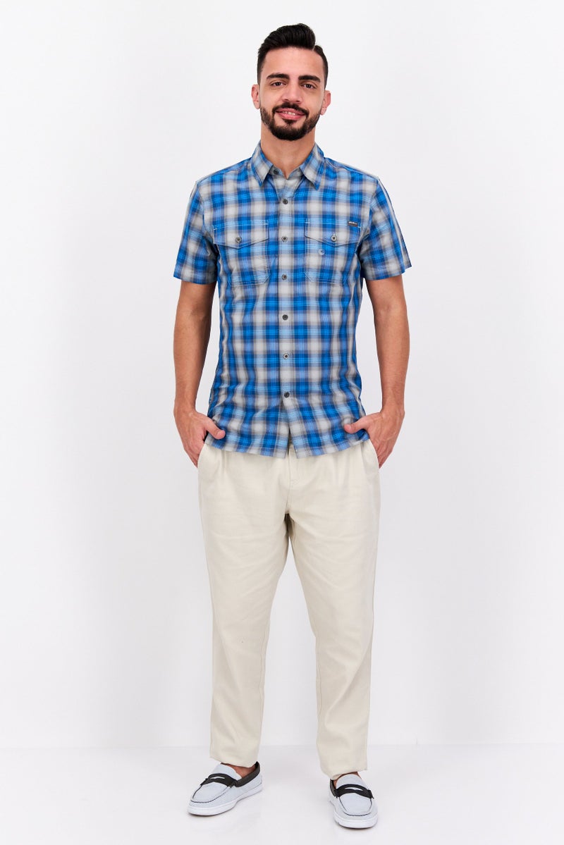 Men Regular Fit Short Sleeve Checkered Casual Shirt, Blue