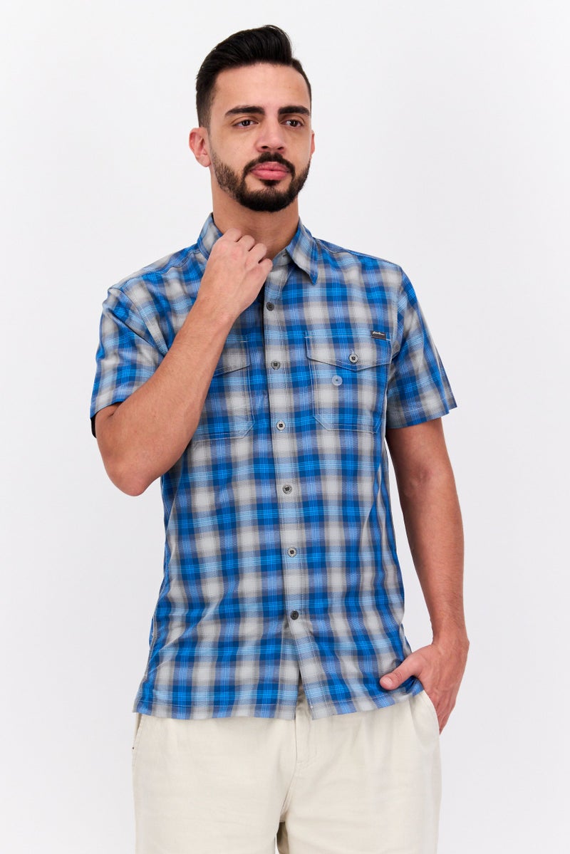 Men Regular Fit Short Sleeve Checkered Casual Shirt, Blue