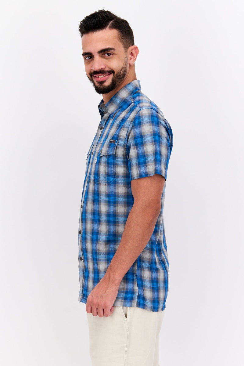 Men Regular Fit Short Sleeve Checkered Casual Shirt, Blue