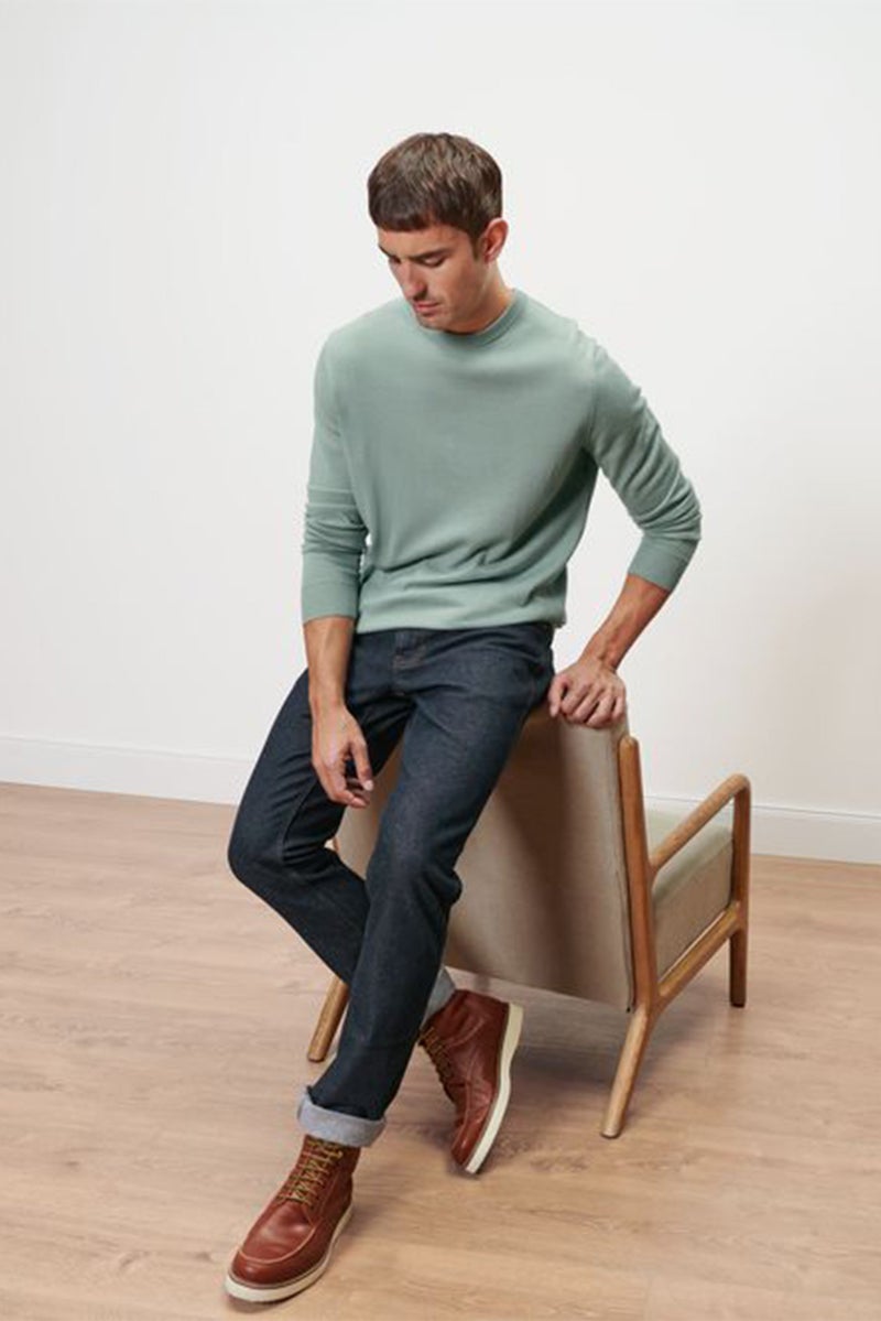 Men Round Neck Plain Sweater, Sage Green