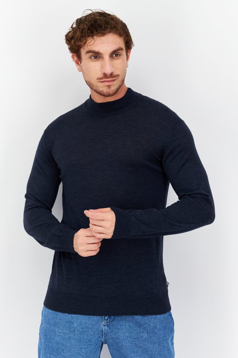 Men Mock Neck Plain Sweaters, Navy Blue