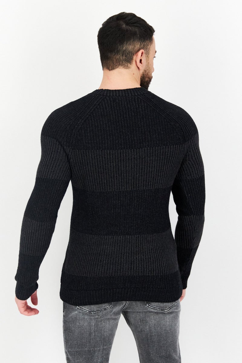 Men Crew Neck Long Sleeves Knitted Sweater, Black