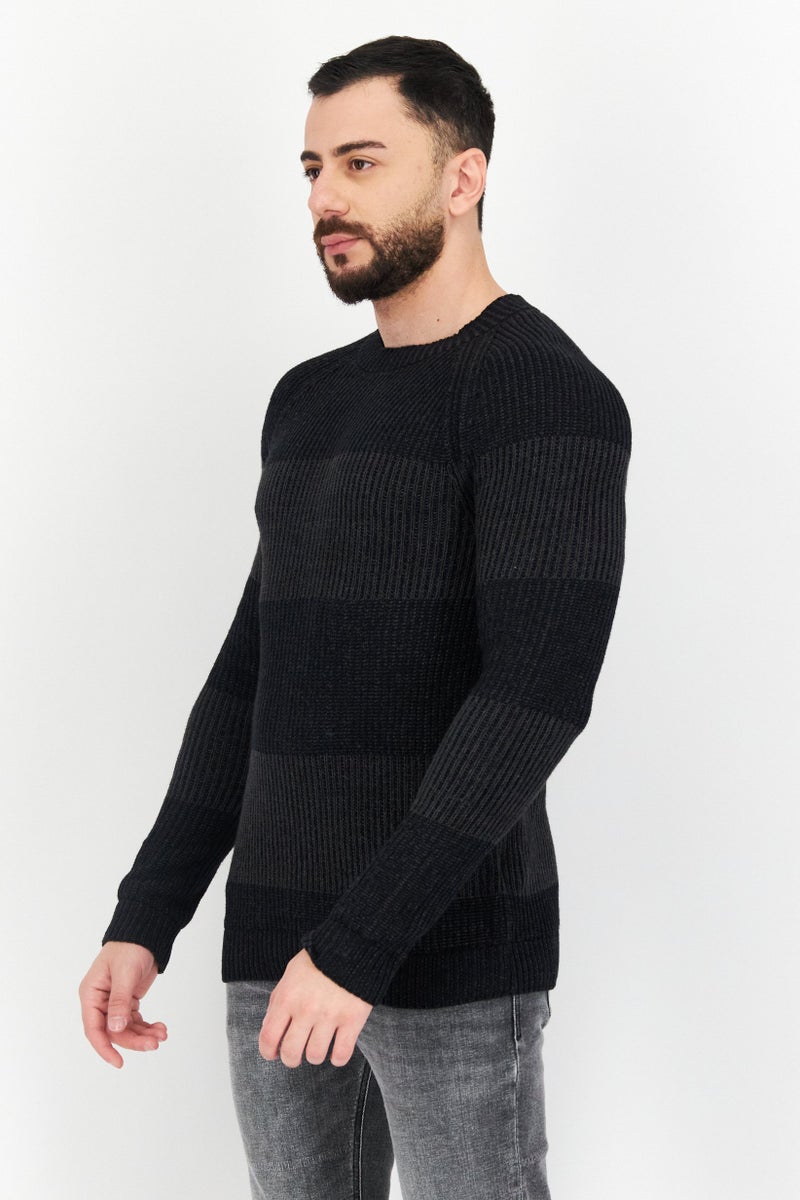 Men Crew Neck Long Sleeves Knitted Sweater, Black