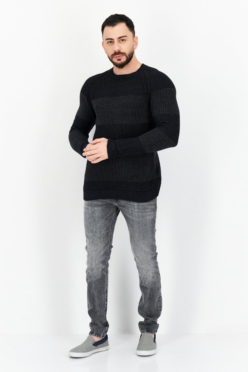 Men Crew Neck Long Sleeves Knitted Sweater, Black