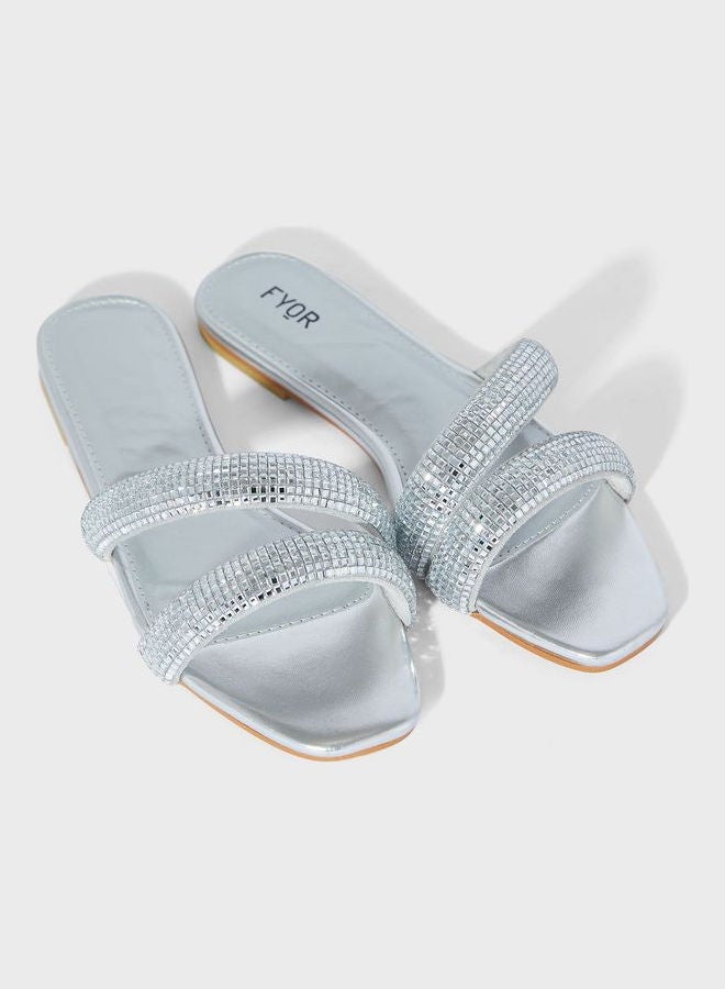 Double Strap Flat Sandals For Women Silver