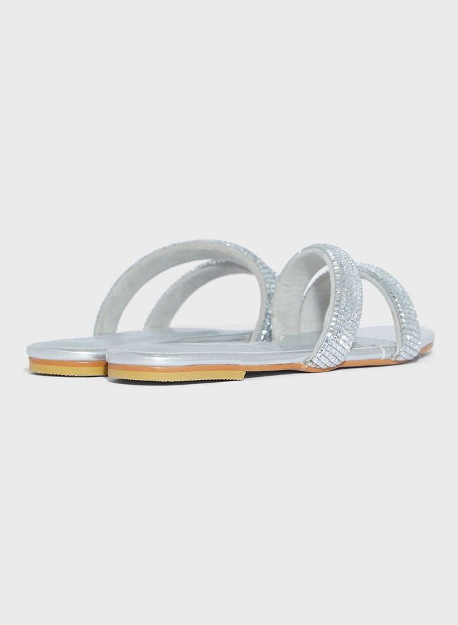 Double Strap Flat Sandals For Women Silver