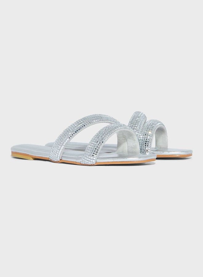 Double Strap Flat Sandals For Women Silver